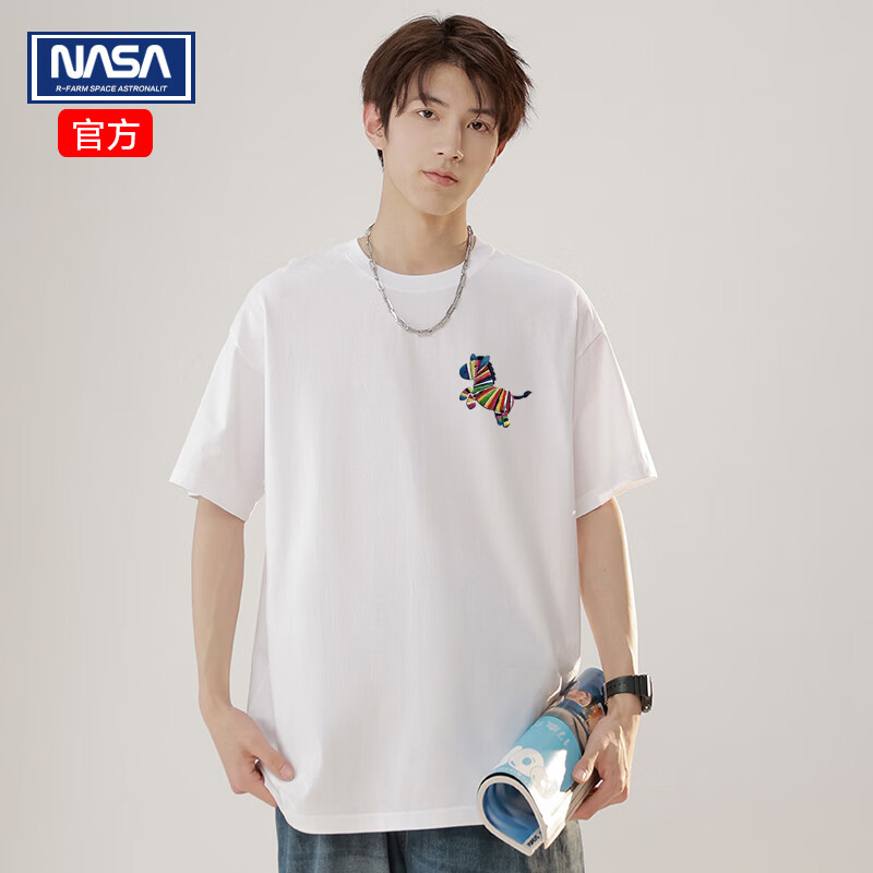 NASAR-FARM短袖男夏季2026新款潮牌100%纯棉宽松休闲半袖打底衫情侣款体恤 DLJ9002小马-白色 S （身高155-160cm、体重80-100斤）
