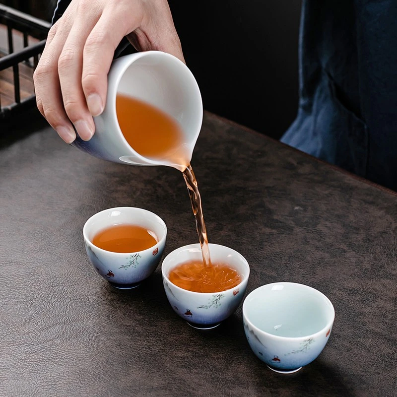 京峰阁 茶具套装 景德镇陶瓷手绘划船茶壶整套高档轻奢家用办公商务礼品 手绘划船皮盒套装 6人饮 11件