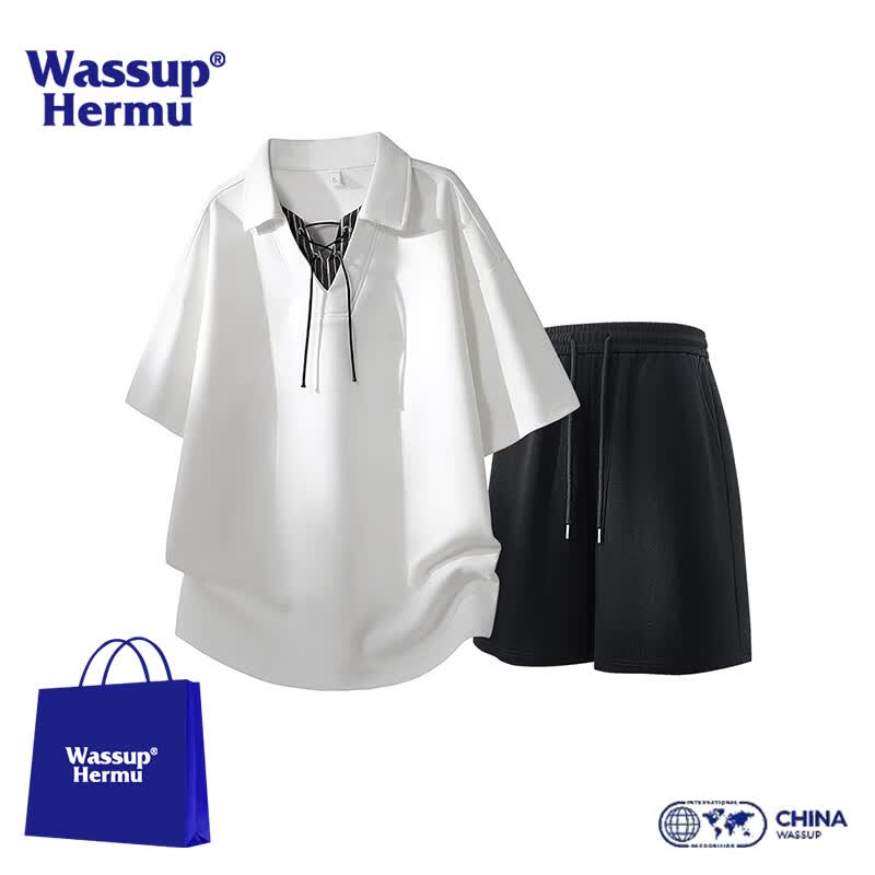 WASSUP HERMU官方短袖套装男夏季松弛慵懒风T恤拼接系带V领假两件装休闲POLO衫 白色套装 XL （推荐120-140斤）