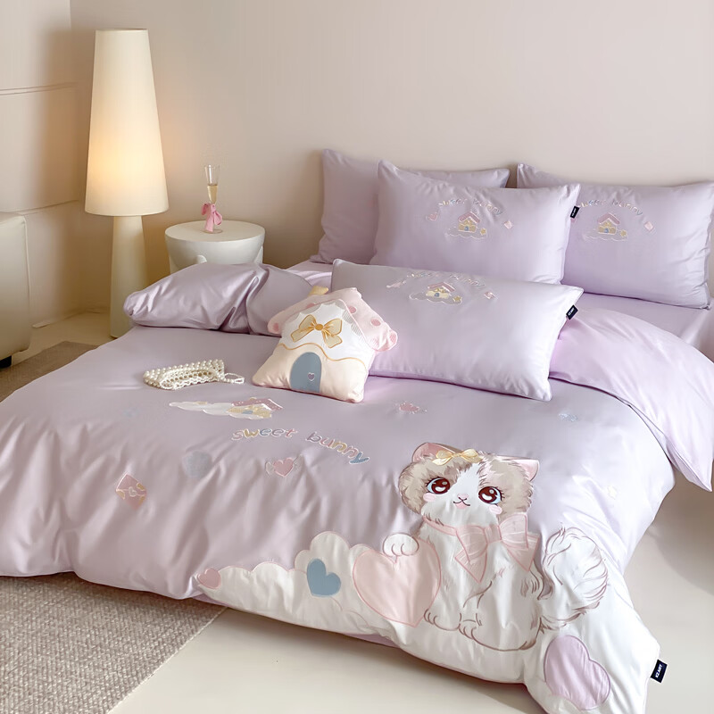 ROLAND LIVE春夏长绒棉软萌贴布绣四件套全棉60S被套床单儿童卧室三件套 KZ 长绒棉套件-元气阿喵紫 小号 床单款 【被套150*200cm】