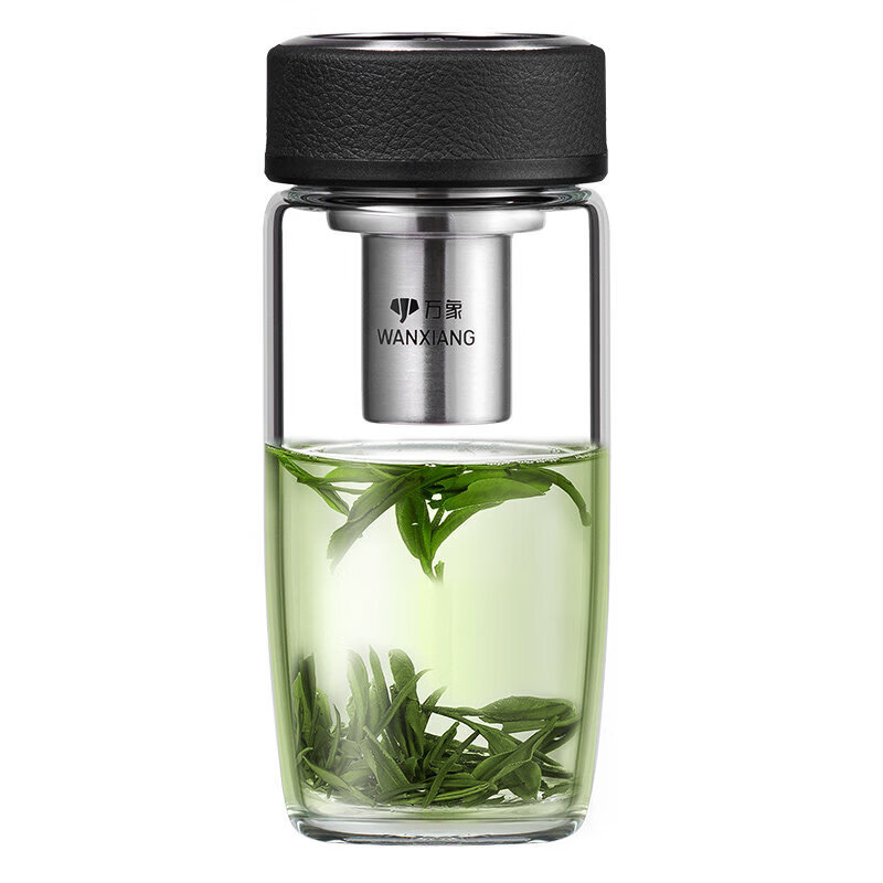 万象（WANXIANG）双层玻璃杯子女士加厚泡茶杯家用商务办公便携时尚曲线大肚水杯 单层u17-470ml商务黑