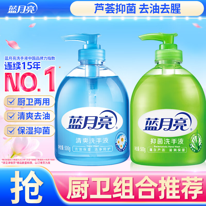 蓝月亮洗手液泡沫丰富滋润芦荟抑菌99.9%500g+清爽去油去腥洗手液500g
