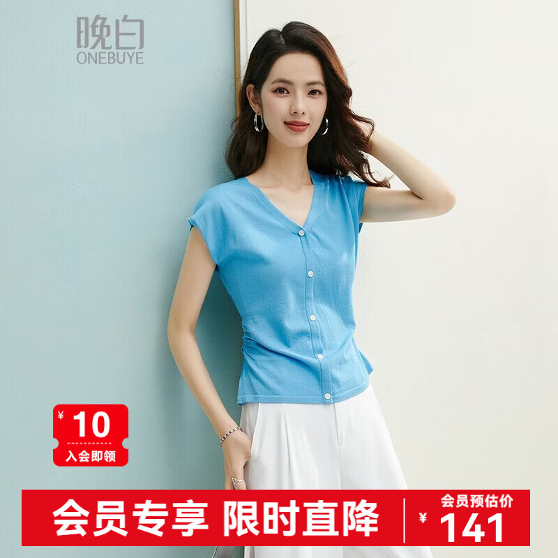 晚白【新品】2026年春款V领打底上衣亲肤舒适弹力套头针织衫女 蓝色 L