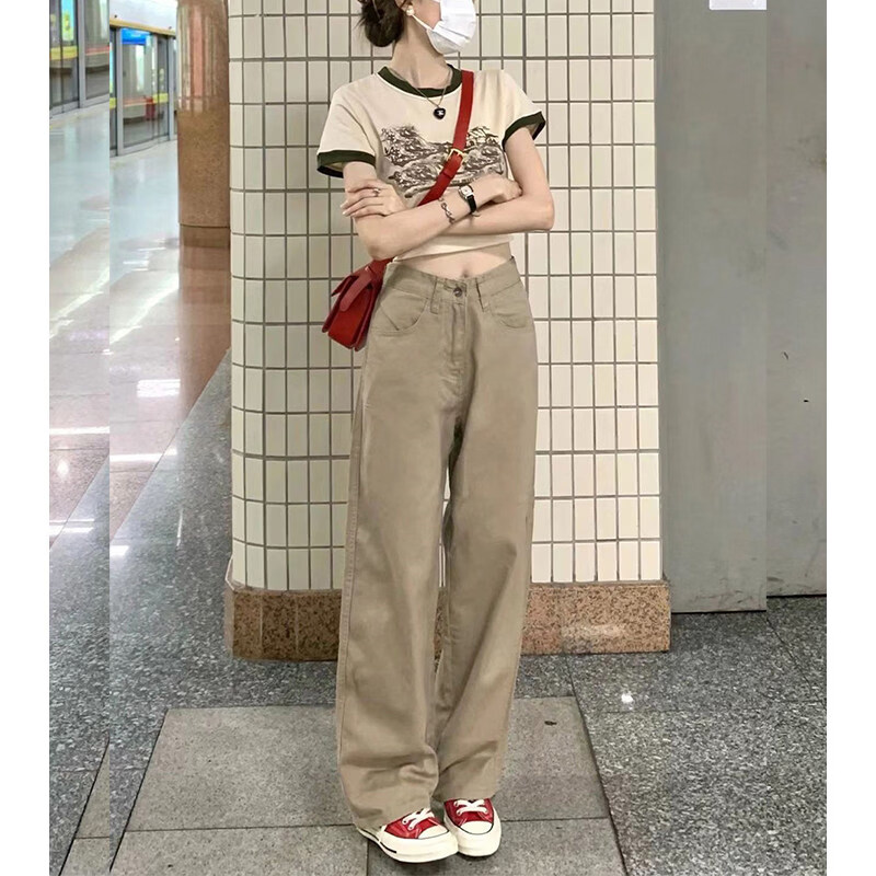 MODX卡其色阔腿牛仔裤女早春新款胖妹妹高腰宽松显瘦梨型身材直筒裤 卡其色 S 建议80-90斤