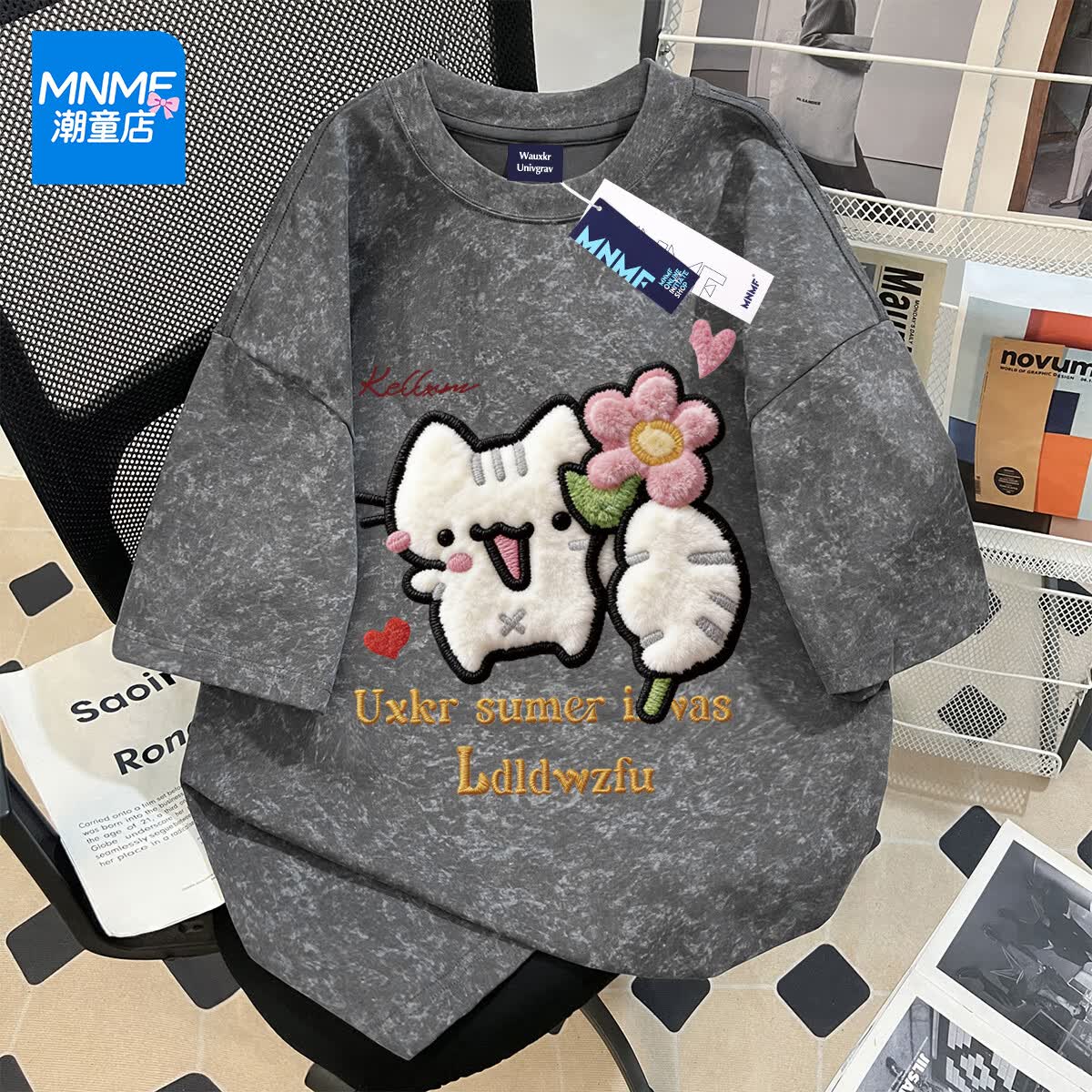 MNMF潮牌可爱小狗仿刺绣女童夏季扎染短袖T恤中大童休闲宽松上衣洋气 卡其色 仿刺绣直喷印花 160 【80-100斤】