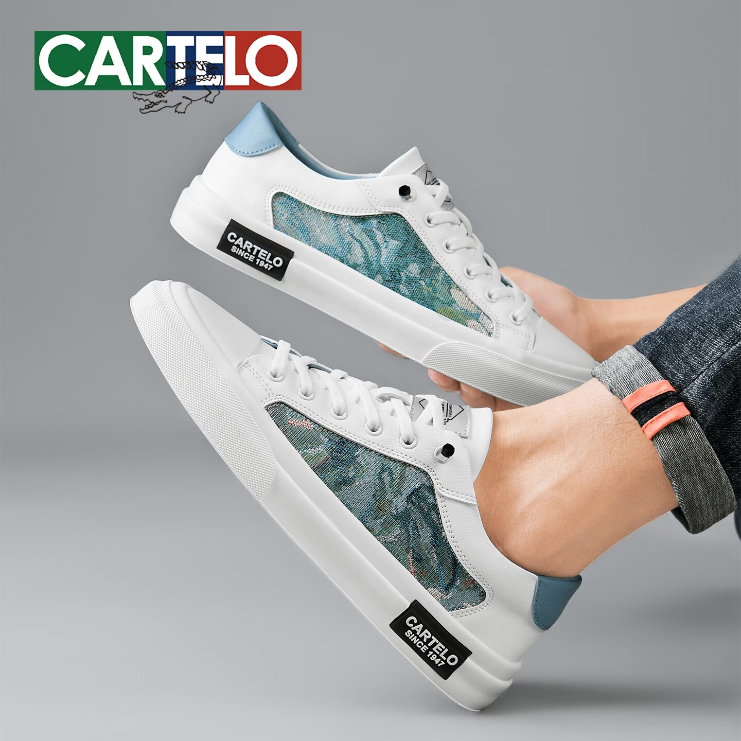 卡帝乐鳄鱼（CARTELO）时尚男鞋夏季潮流透气休闲板鞋男韩版上班学生户外一脚蹬运动鞋男 冰蓝色 44 (270mm) 标准运动鞋尺码