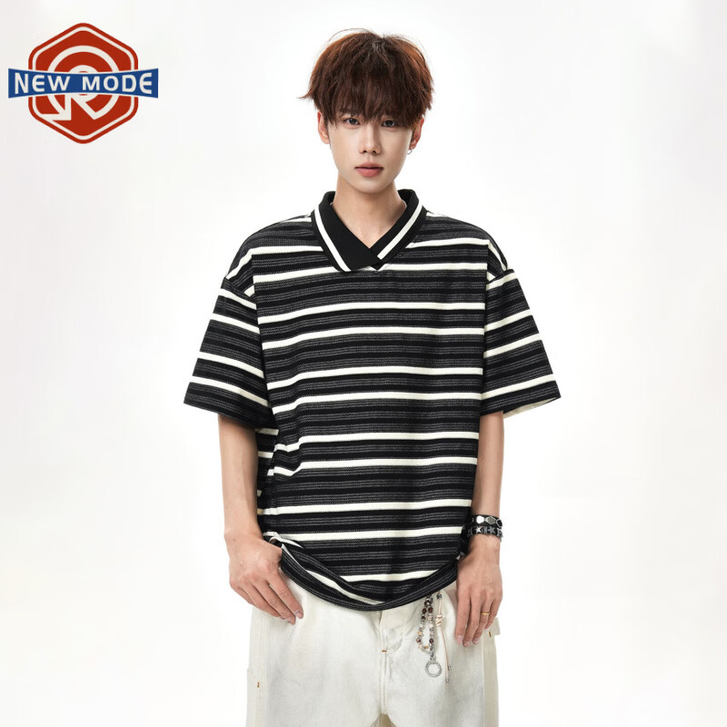 NEW OR MODE美式复古撞色条纹翻领短袖t恤男夏季潮牌宽松廓形显瘦运动半袖T恤 黑色【高品质】 XL 【建议125-145斤】