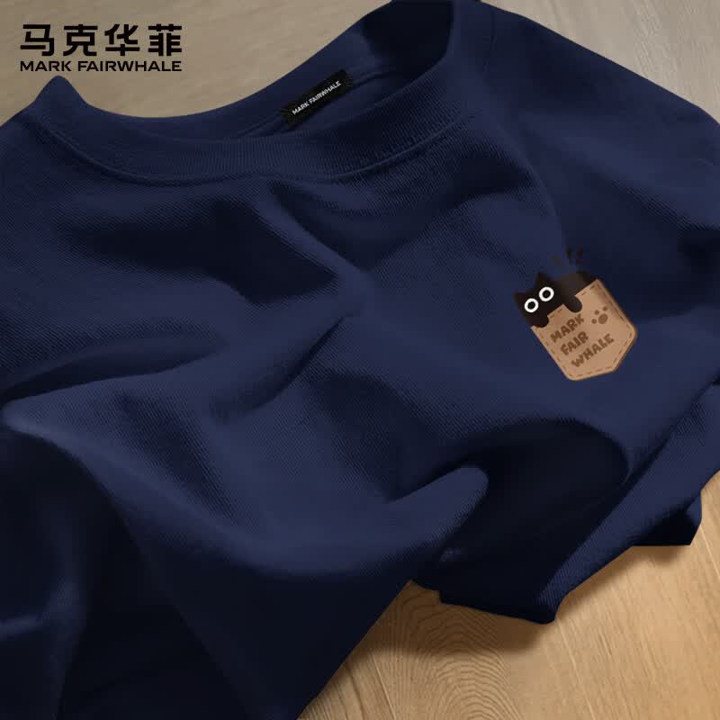 马克华菲纯棉短袖T恤男士夏季新款猫咪印花衣服百搭五分袖体恤 藏青 3XL