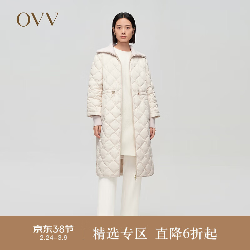 OVV秋冬热卖女装拼接收腰长款白鹅绒羽绒服 米白（净色）A3 S