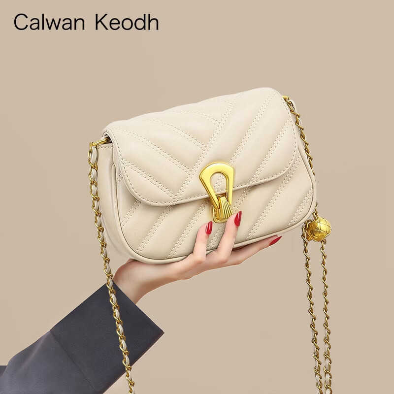 CALWAN KEODH包包女款轻奢2026牛皮斜挎链条单肩小包生日礼物高级感送女友老婆 米白-时尚百搭通勤小众品牌