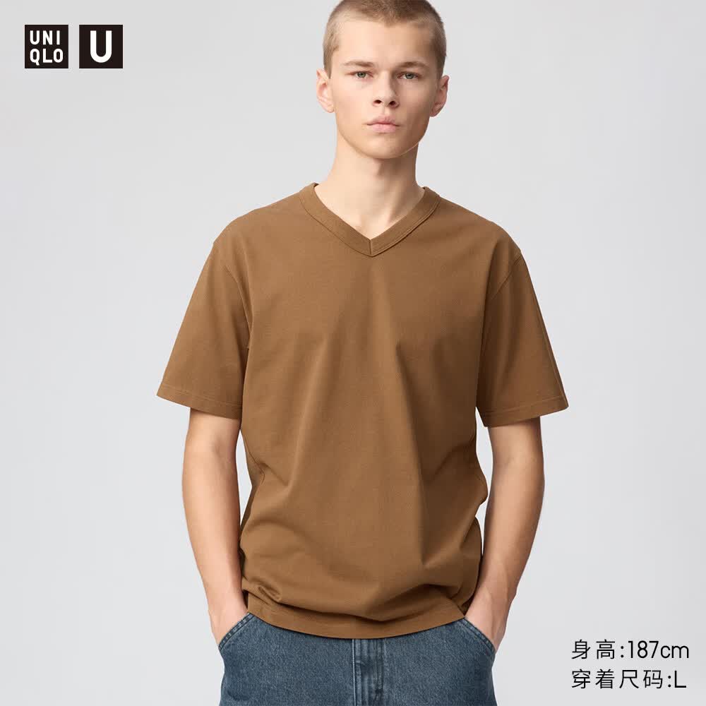 优衣库合作款/男装女装V领T恤/短袖482301 34 驼色 XL