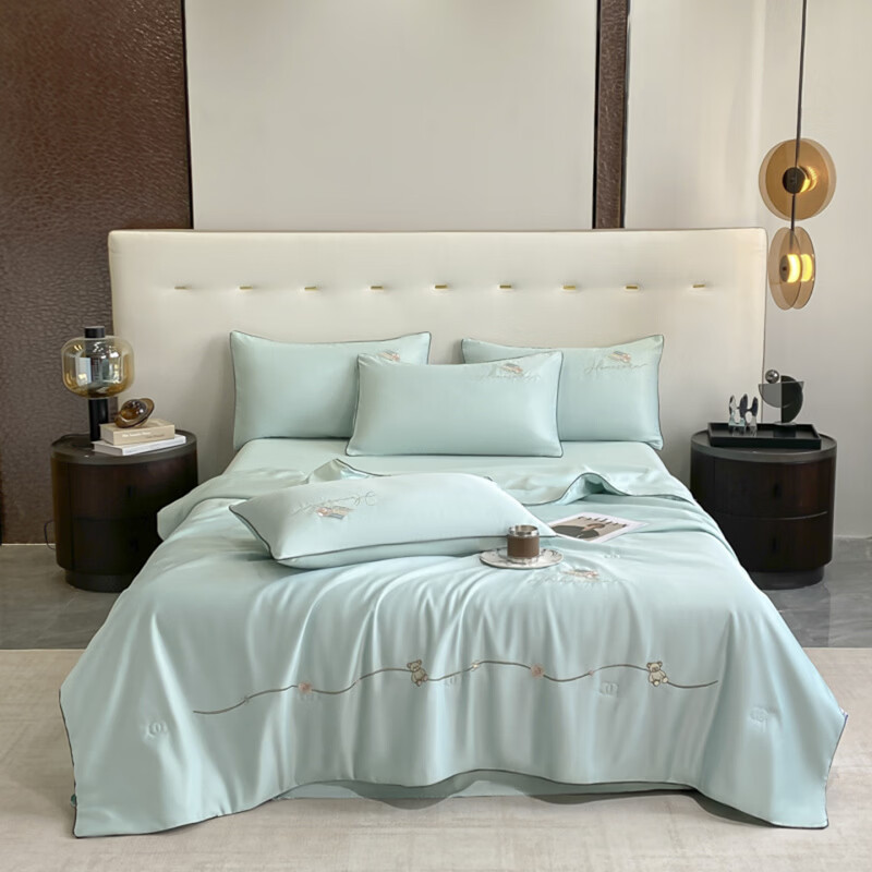 水星家纺夏凉被空调被水洗真丝夏被四件套夏季被子裸睡轻奢床单床笠 公主日记-白茶绿 床单款 夏被200*230cm++2枕套