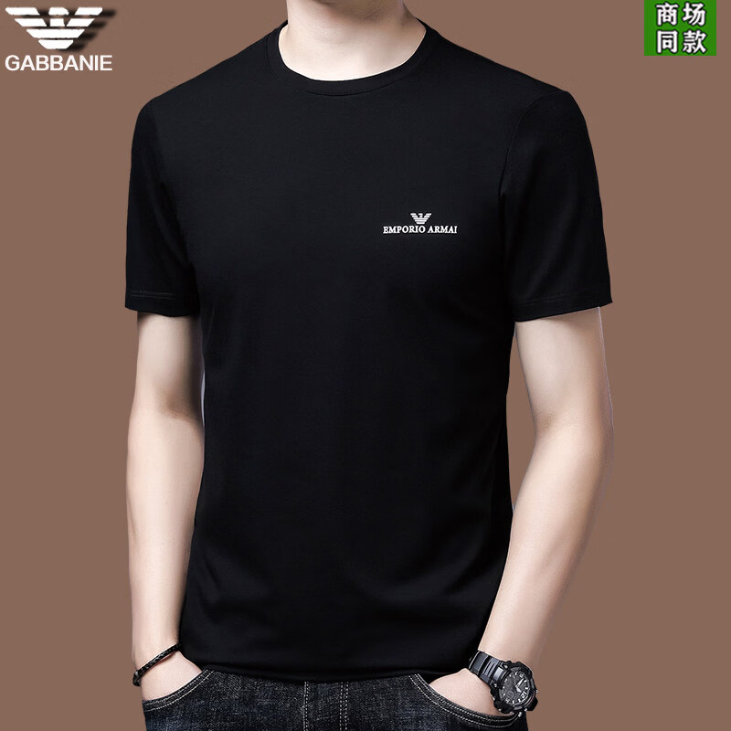阿玛尼（ARMANI）正品2026新款男士桑蚕丝短袖t恤高端名牌夏季薄款冰感半袖体恤衫 国际一线品牌3038黑色 M 165_(建议90-120斤)