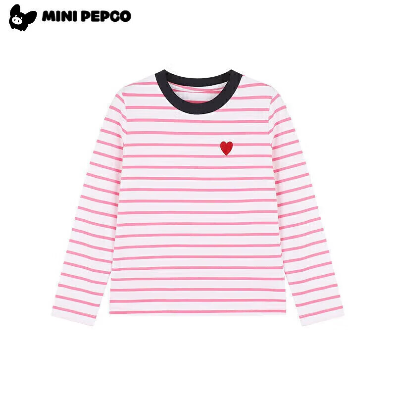 小猪班纳（PEPCO）女童条纹上衣春季2025新款韩版修身撞色条纹爱心圆领长袖T恤 灰蓝条纹 160 *建议身高150-160cm