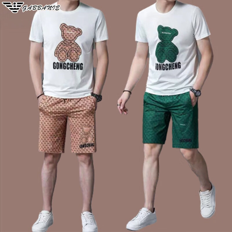 GABBANIE阿玛尼意大利正品冰 丝休闲运动套装夏季男圆领短袖T恤两件套高端 一线品牌GA_9868-1黑咖 XL 175_