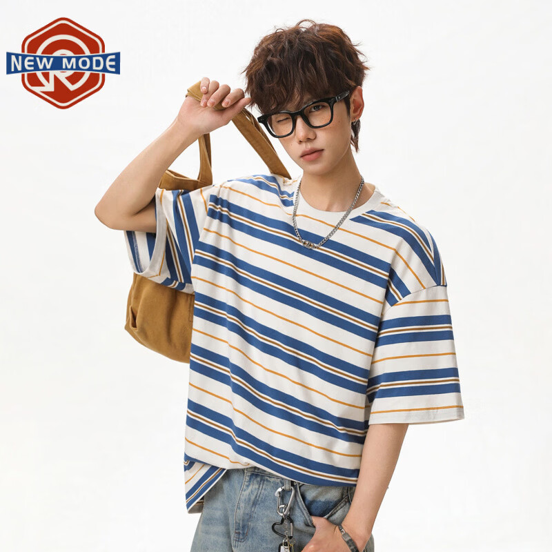NEW OR MODE美式复古条纹短袖t恤男士夏季潮牌撞色宽松重磅休闲情侣半袖T恤衫 湖蓝【高品质】 M 【建议90-110斤】