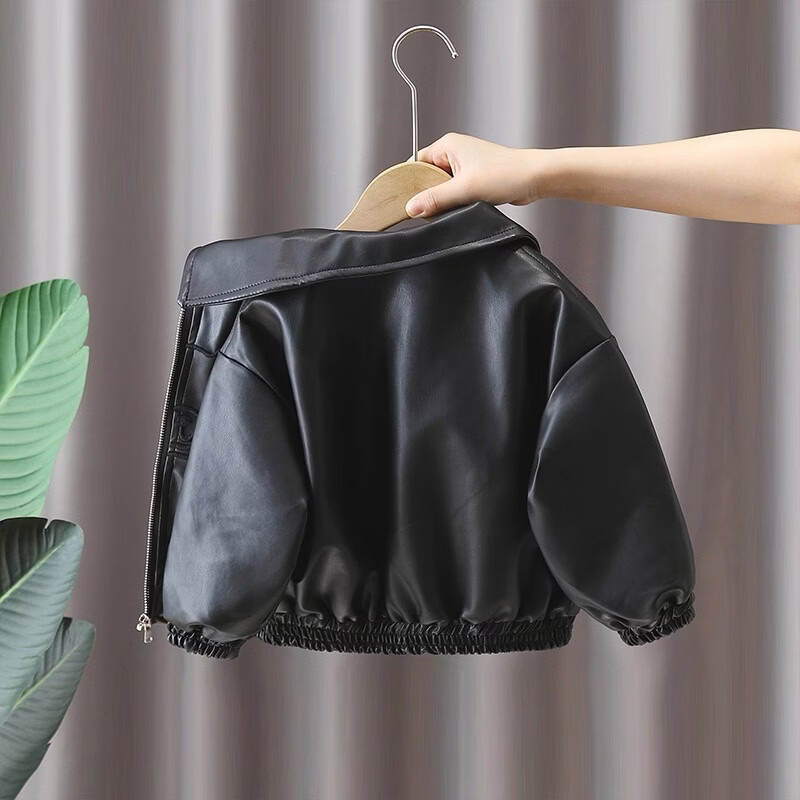 男女童春秋装皮衣外套2026儿童卡通休闲衣服宝宝网红洋气夹克加绒 黑色皮衣【春秋款】 140 尺码【建议身高135厘米左右】