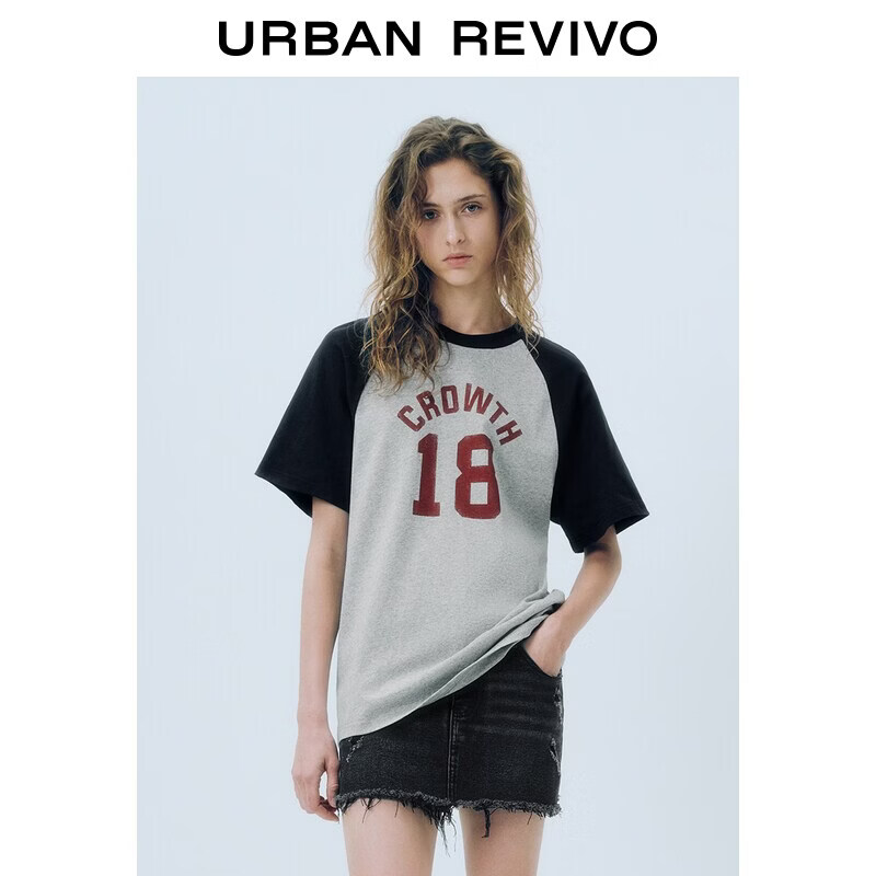 UR2026夏季新款女装休闲复古印花撞色插肩棉质T恤UYY460054+ 墨蓝 M