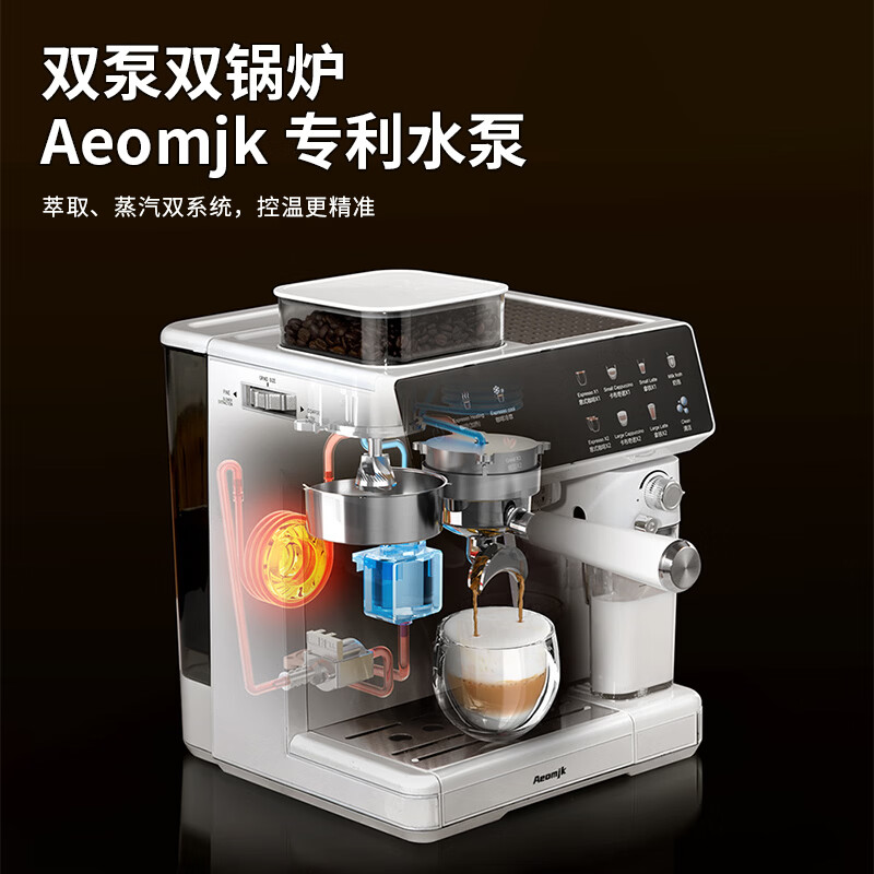 AEOMJK艾摩客咖啡机 半全自动研磨一体机 双泵 家用意式咖啡机磨豆机58mm 萃取奶泡三合一【节日送礼】 【冷热双萃+双泵双锅炉+全自动打奶泡】