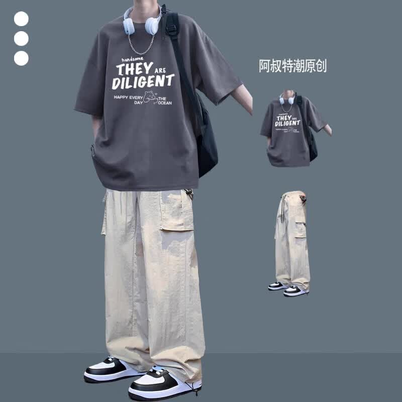 梵姿缇夏季短袖t恤男青少年学生休闲运动短袖套装宽松男装一套搭配帅气 [两件套]深灰短袖+米白裤 S