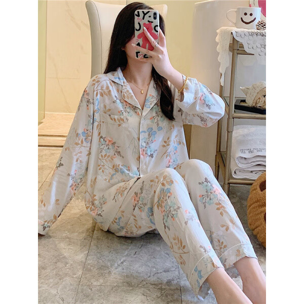 JPUZ睡衣女长袖棉绸春秋季薄款两件套甜美绵绸开衫人造棉夏秋天家居服 浅蓝小兔子 2XL 【130-155斤】