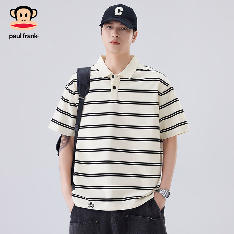 大嘴猴（paul frank）短袖polo衫男士夏季新款美式条纹痞帅宽松上衣 杏色  XL