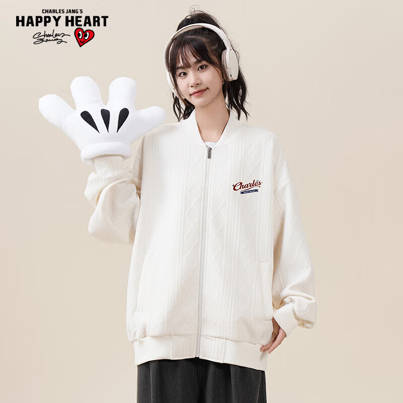 查尔斯桃心 情侣街头嘻哈宽松字母麻花纹理外套秋季男女同款 米白 2XL