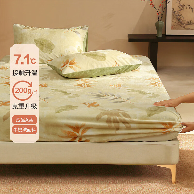 水星家纺出品百丽丝床笠单件暖绒床罩宿舍单双人牛奶绒床笠保护套 【A类亲肤&amp;牛奶绒】青叶 180cm*200cm