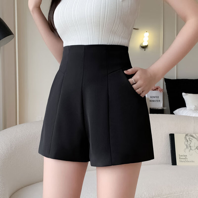 2024春夏季新款女高腰显瘦休闲a字裤宽松西装阔腿裤外穿白色短裤 黑色 XS