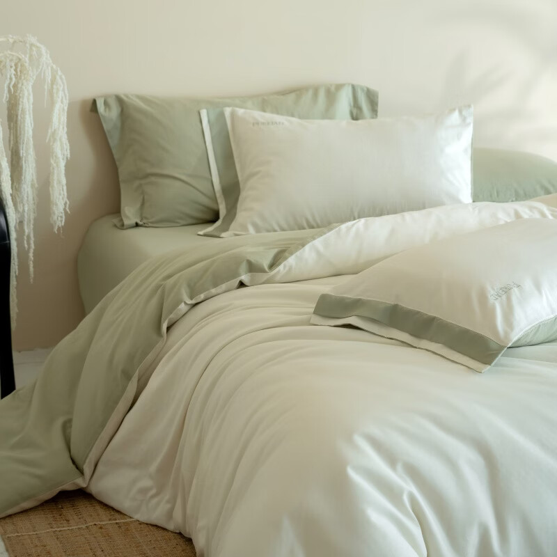 ROLAND LIVE全棉柔感双层纱四件套简约风透气裸睡被套床单单双人床床上用品 YYG 全棉四件套-闲云渐晚湖青 1.5米床 床单款 【被套200*230cm】