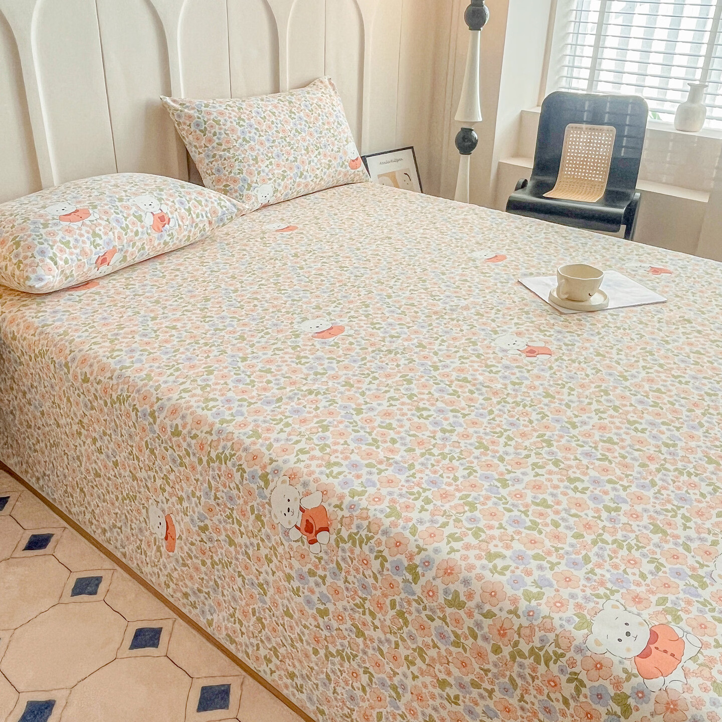 雅鹿加厚老粗布床单单件100原棉亚麻床罩学生宿舍被单三件套单人 花朵熊 200*230cm床单三件套