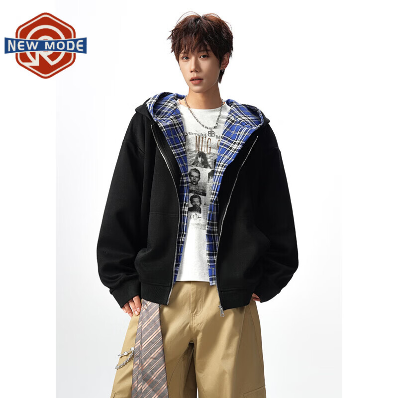 NEW OR MODE美式假两件连帽卫衣男春秋新款潮流格子拼接撞色宽松休闲开衫外套 黑色【高品质】 M 【建议90-110斤】