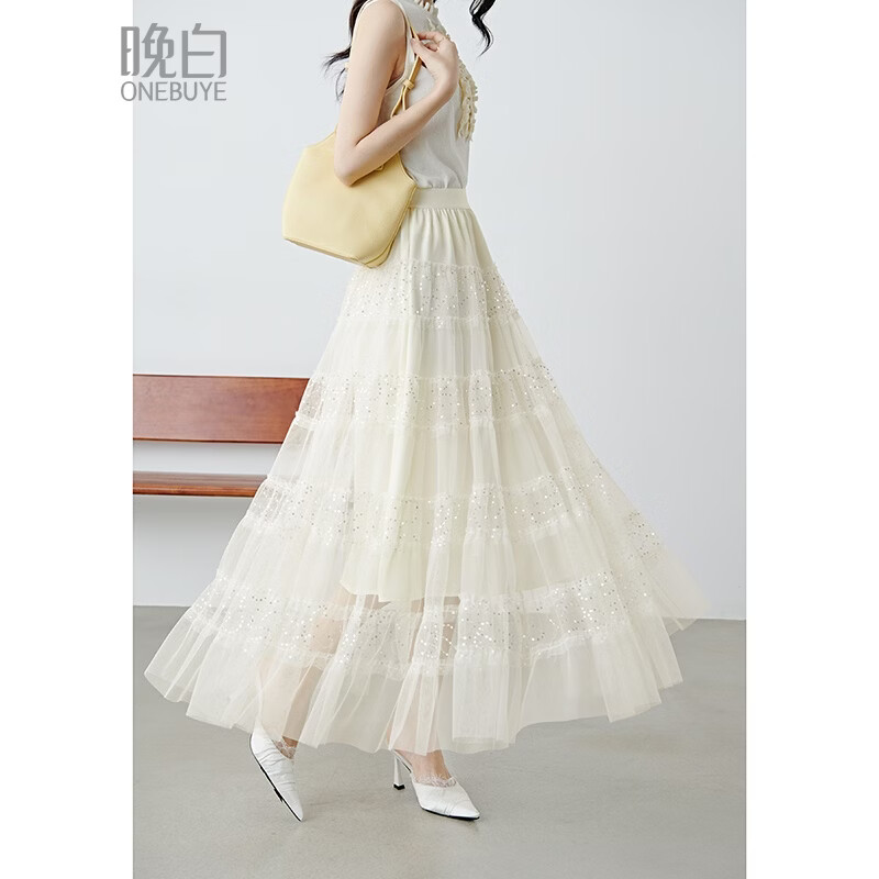 晚白【新品】2026年春款仙气十足亮片网纱半裙飘逸松紧腰大摆半身裙 米杏色 S