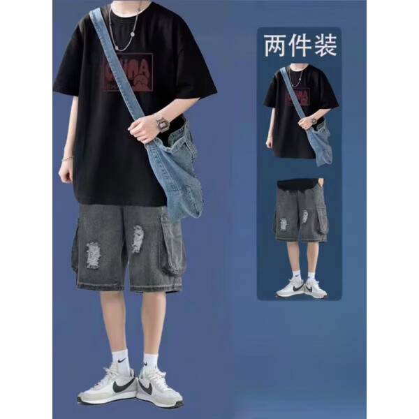梵姿缇重磅纯棉短袖t恤男装夏季套装衣服青少年潮流帅气宽松ins一套搭配 M 建议80-105斤 M CT190黑+322牛仔短裤黑