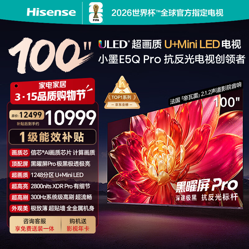 海信电视小墨E5Q Pro 100吋 1248分区U+MiniLED 信芯芯片极黑极透黑曜屏Pro国家补贴世界杯100E5Q-PRO