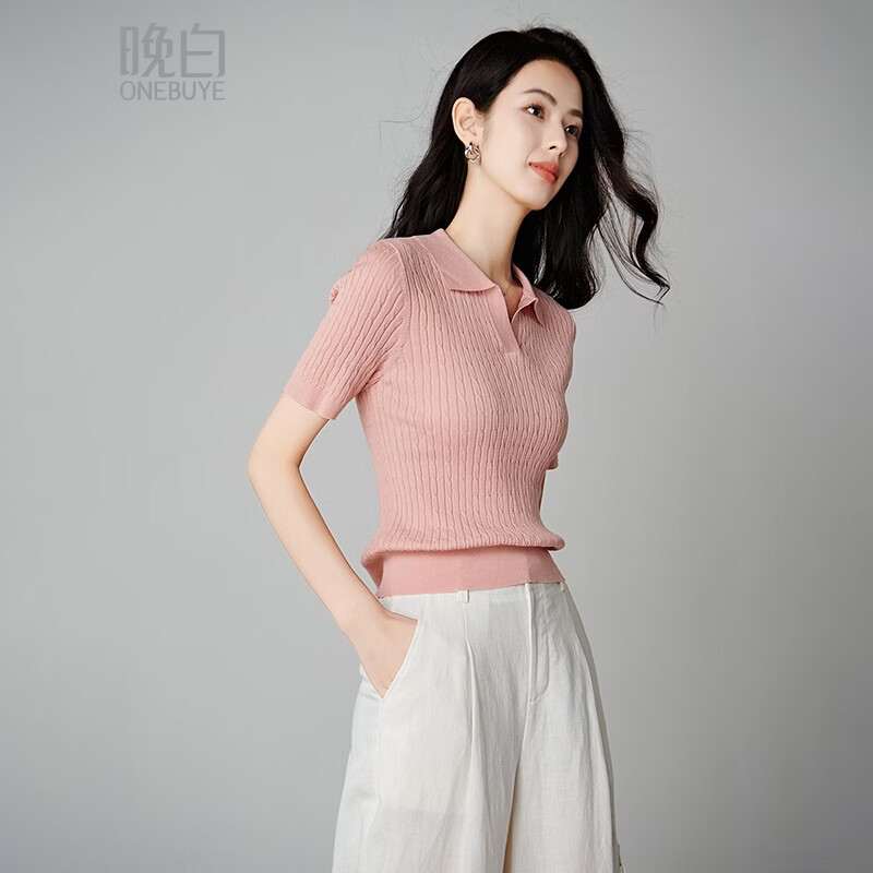 晚白【新品】2026年春款时尚温柔翻领POLO衫弹力修身短袖针织衫女 粉色 S