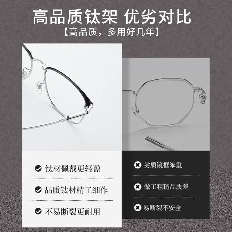 特瞳话纯钛眉线半框近视眼镜框男大框可配度数防蓝光眼镜店配镜近视散光 纯钛大框-黑银色 【蔡司出品 视特耐】1.67防蓝光HMC+Blue镜片