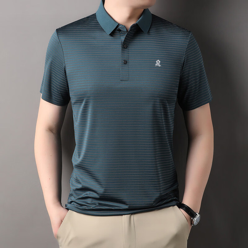 梦特娇（MONTAGUT）短袖t恤男夏季新款爸爸半袖休闲条纹T恤polo衫男 哈青 S 165/84A