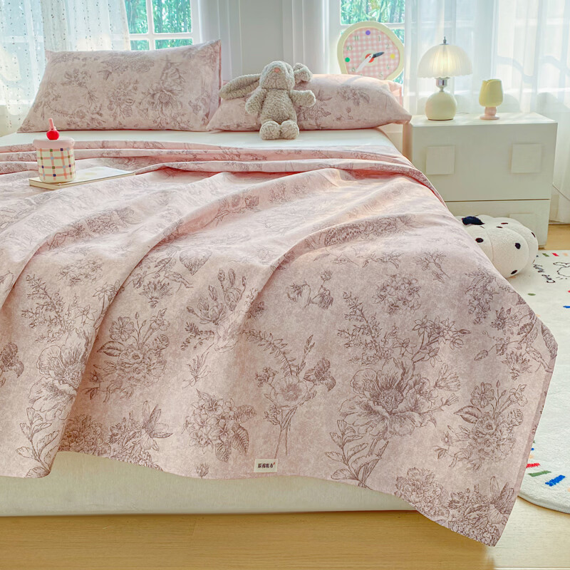 雅鹿加厚老粗布床单单件100原棉亚麻床罩学生宿舍被单三件套单人 木槿 单床单230*240cm