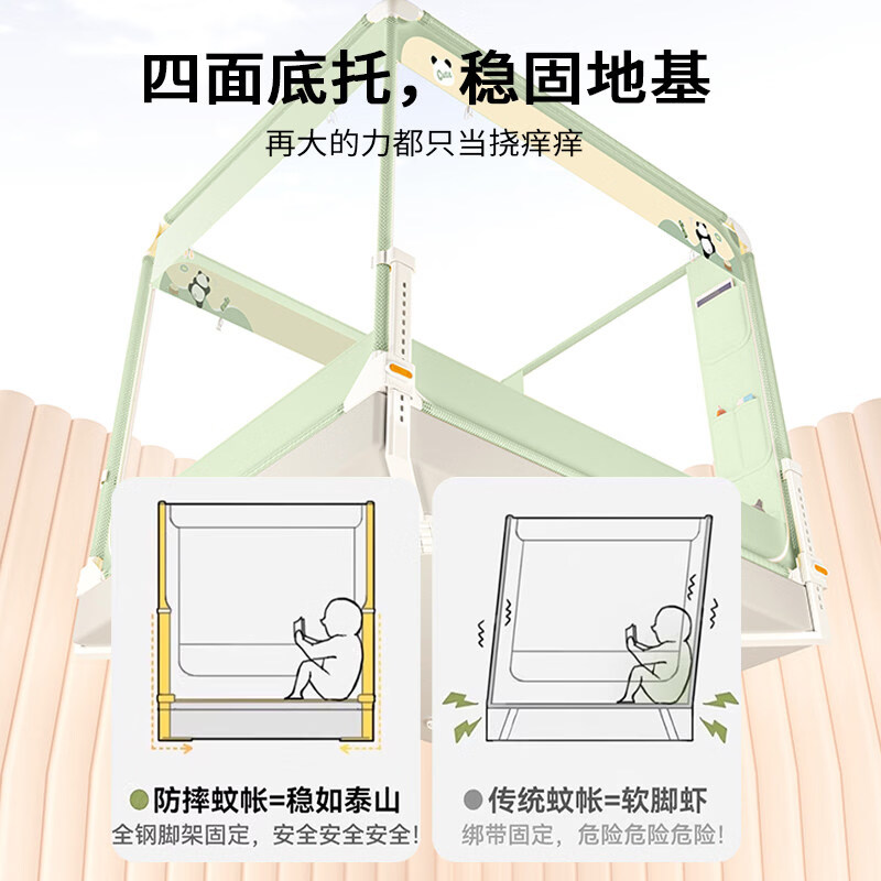 无印良品A类围栏防摔蚊帐架1.5x2米婴儿童家用卧室1.8m大床可升降全底纹怅 熊猫盼盼【专利大脚架真护栏级防摔升降速换床单】 适用150*200cm床【A类品质 防蚊又防摔】
