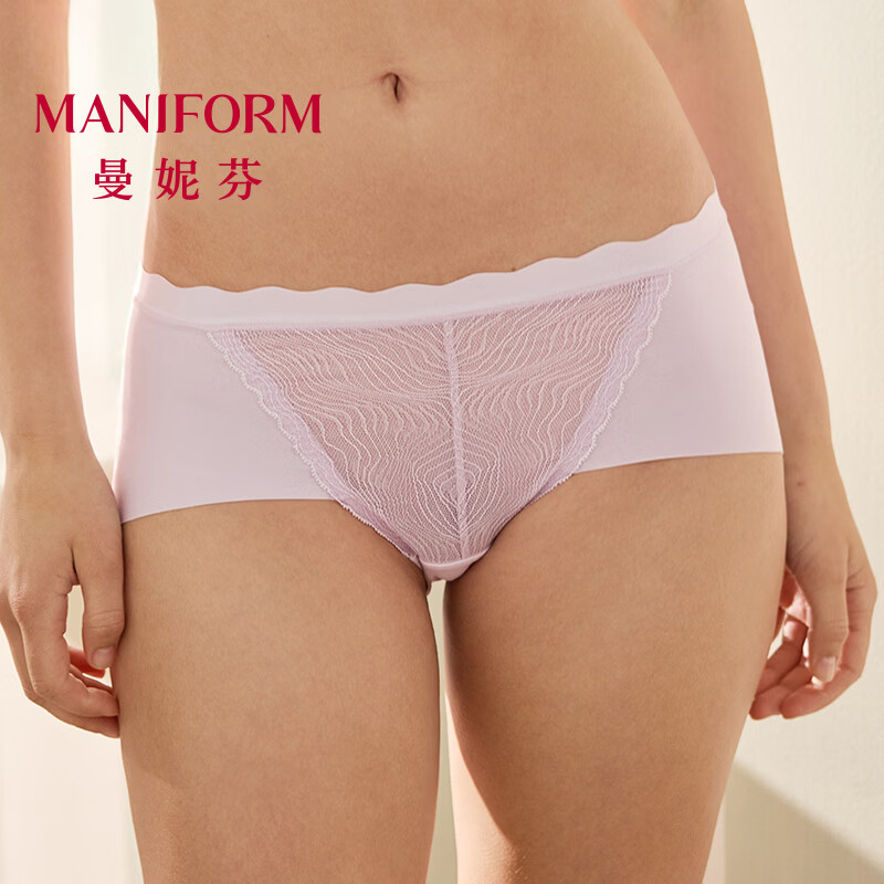 曼妮芬中腰低角裤女士内裤无痕亲肤舒适棉底裆短裤性感蕾丝不夹臀底裤 紫色 L (165) 适合106-125斤