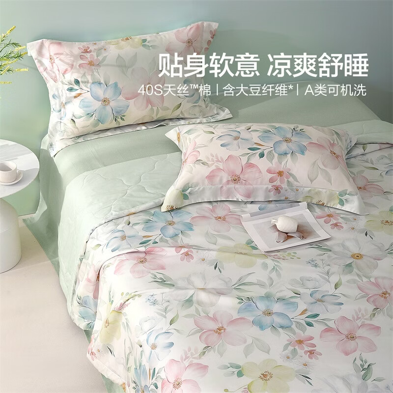 水星家纺大豆被子夏凉被单人空调被凉感天丝™棉可机洗夏季薄被 小冰棉大豆夏被·晨光曦露 150cm*200cm
