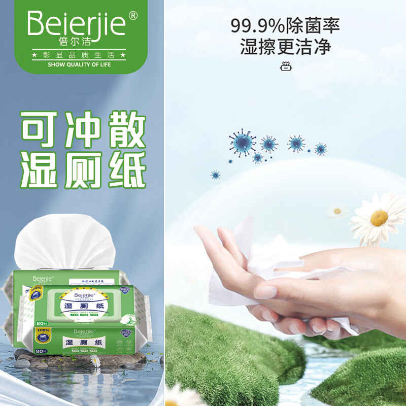 倍尔洁（Beierjie）湿厕纸家庭实惠装洁厕湿巾擦屁股80抽/包男士女士专用私处湿手纸 80抽*2包