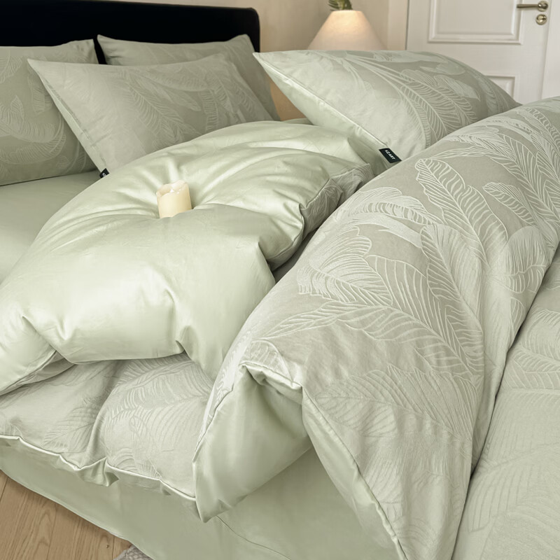 ROLAND LIVE高级感春夏全棉厚织大提花轻奢四件套被套床单家用纯棉床上用品 KZ 全棉提花四件套-焦野奶绿 标准 床单款 【被套200*230cm】