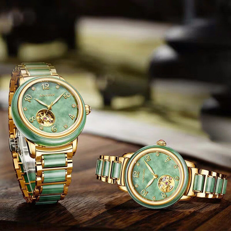 艾华仕情侣手表一对全自动机械表金表翡翠和田玉表钢带防水复古男女