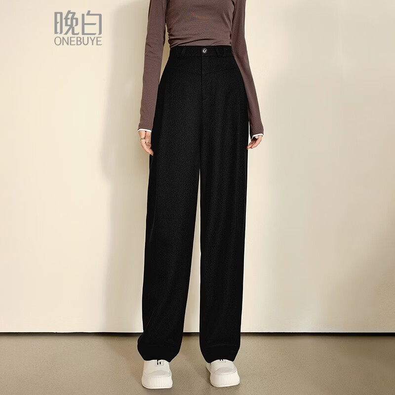 晚白【断码清仓】2026年春款时尚裤子纯色直筒高腰斜纹阔腿休闲裤女 黑色 28