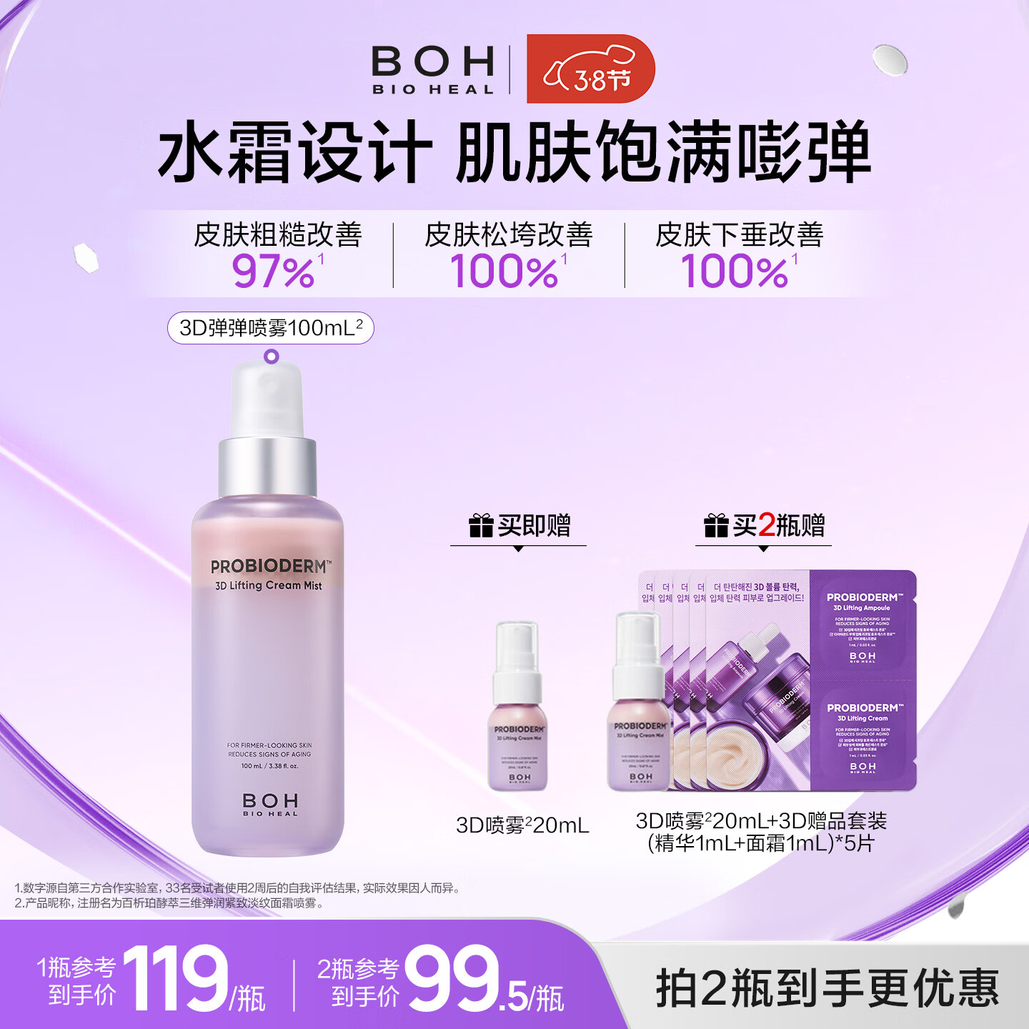 BIOHEAL BOH百析珀韩国酵萃三维弹润紧致淡纹面霜喷雾100ml保湿修护精华水 2瓶（100ml*2）