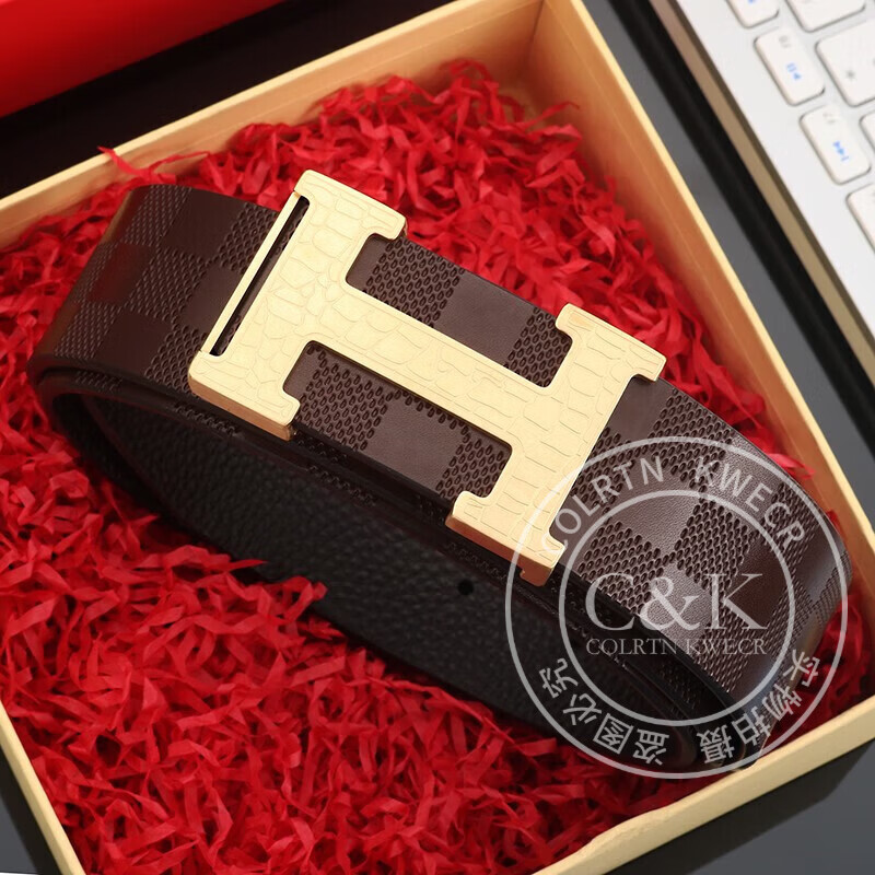Colrtn Kwecr奢侈新品男款皮带中青年高档商务正装休闲裤腰带男生日礼物奢侈品 CK银扣咖色带3.8CM【礼盒装】 120cm