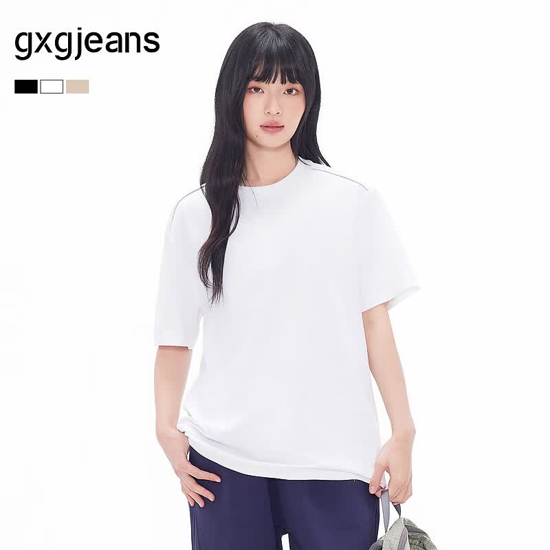gxgjeans男装  多色肩部嵌条休闲宽松圆领短袖t恤男 26夏新品 白色 预售5月17日发 XL (180)