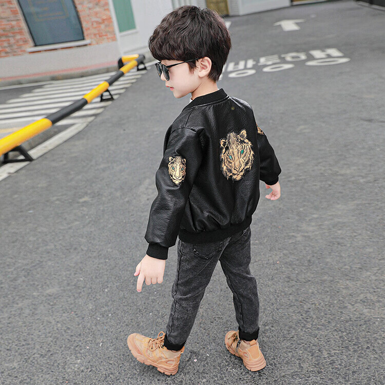 男童外套春秋款皮衣2026新款中小童儿童上衣宝宝帅气PU皮机车夹克 老虎皮衣【春秋款】 150 尺码【建议身高145厘米左右】